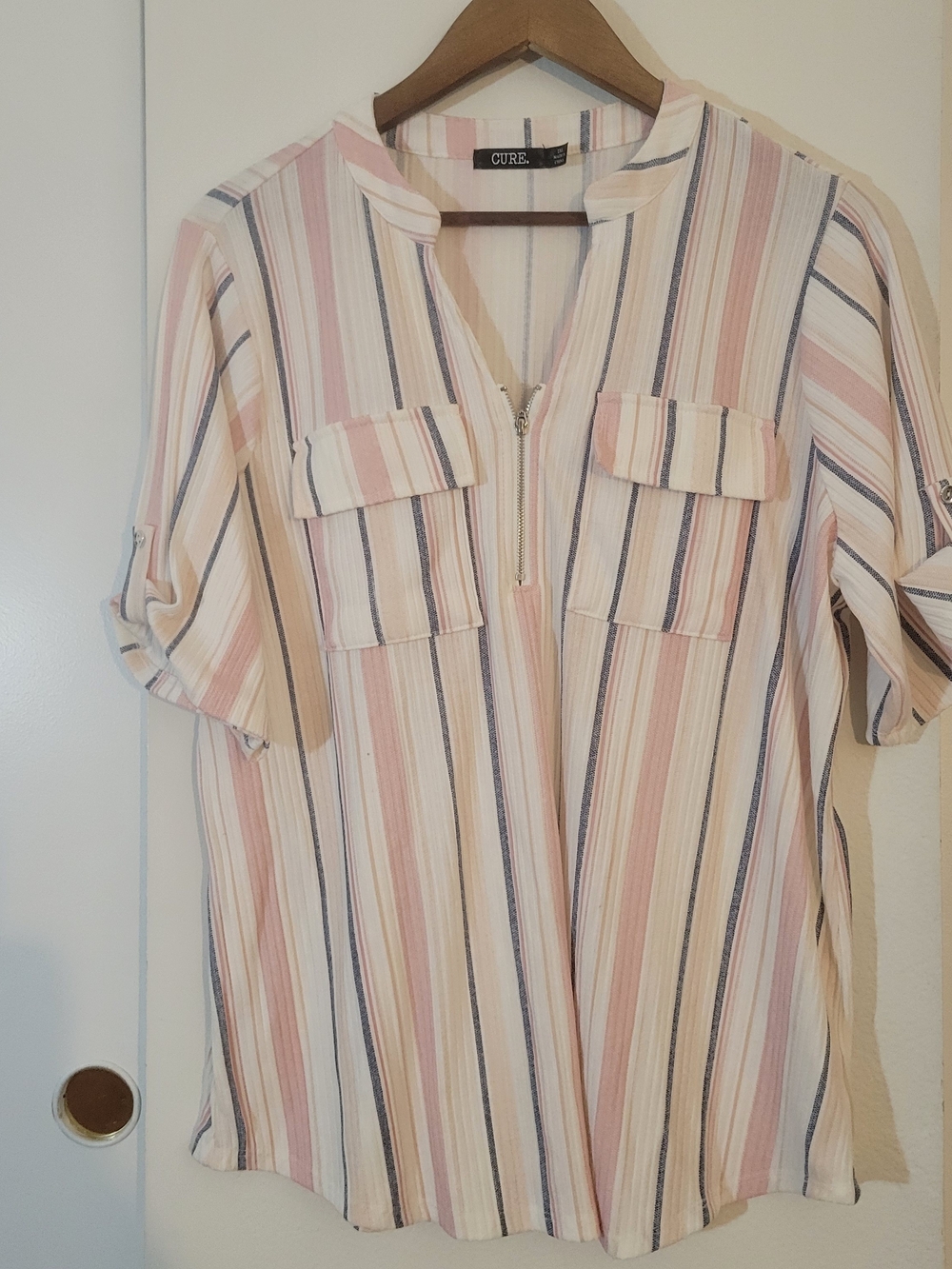 Cure Women's Pink Stripe Half Zip-Front Blouse